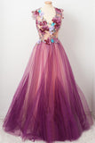 Tulle Flower A Line Prom Dress Scoop neck Appliqued Party Dress OKP15