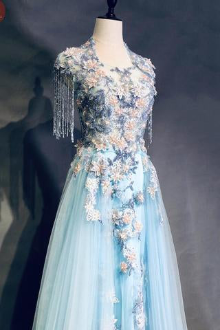 Light Blue Cap Sleeves Prom Dresses with Beading, Formal Evening Dress OKN42