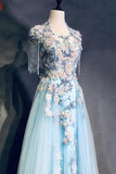 Light Blue Cap Sleeves Prom Dresses with Beading, Formal Evening Dress OKN42