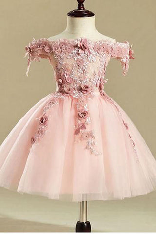 Pink Embroidery Flower Girl Dress,Tulle Short Girl Dresses OKJ25