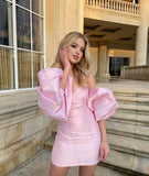 Sheath Pink Sweetheart Mini Homecoming Dress With Lantern Sleeves and Bare Shoulders OK1846
