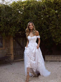 Simple A-Line Off the Shoulder White Beach Wedding Dress OKM89