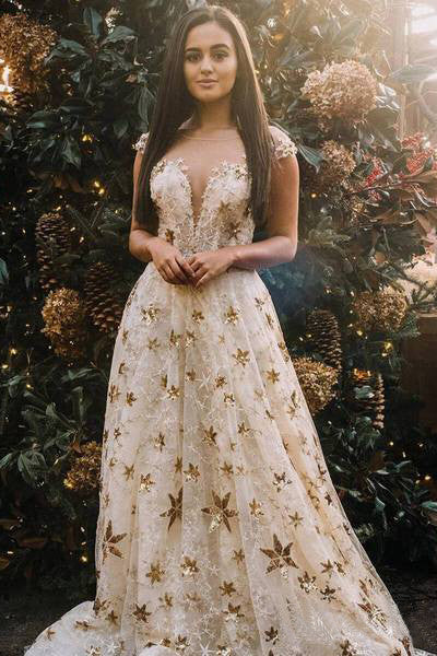 Cap Sleeve A Line Long Lace Prom Dress With Gold Stars OKH46