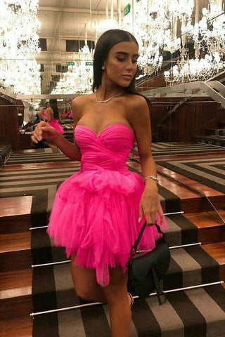 Sexy Sweetheart A Line Tulle Hot Pink Homecoming Dresses With Ruffles,Short Graduation Dress OKX97