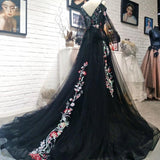 Black A Line Tulle V Neck Long Sleeves Prom Dress With Straps Evening Dress OK1525