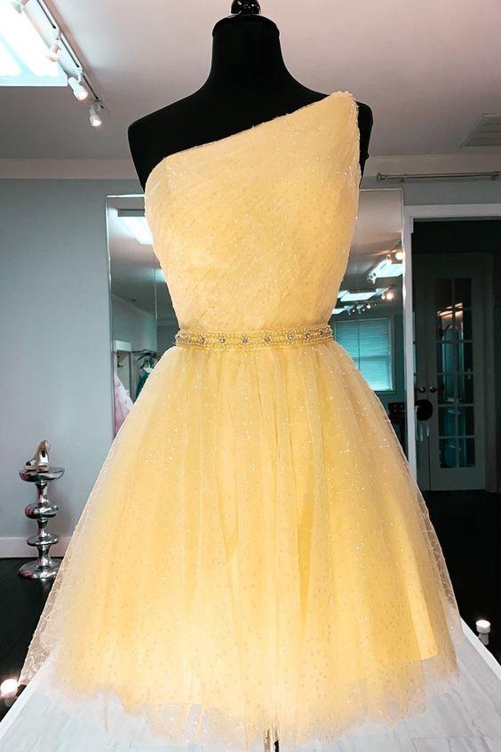 One Shoulder Yellow Party Dress A-line Tulle Beaded Homecoming Dress OKY27