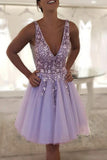 Beaded Tulle Lilac V Neck A-line Short Homecoming Dress School Event Dress OKY20