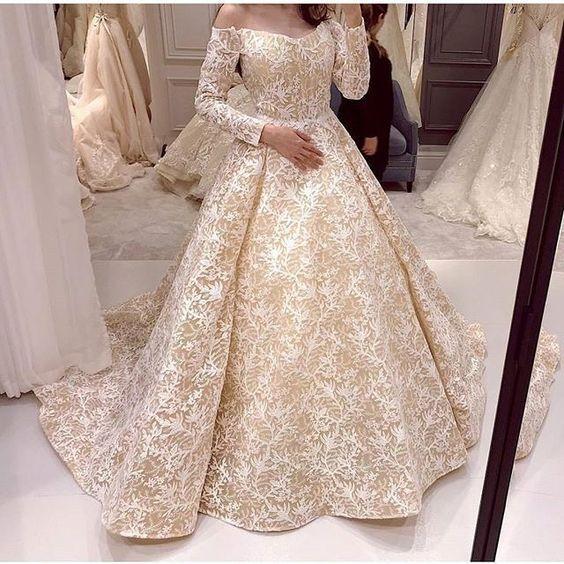 Off the Shoulder Long Sleeves Lace Ball Gown Wedding Dress OK1050