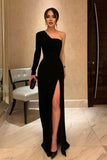 Black Column Long Slit Evening Dresses One Shoulder Formal Prom Dresses OK1444