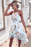 A-line Square Neck Light Blue Floral Print Chiffon High Low Homecoming Dress OKY70