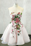 Light Pink A-line Strapless Homecoming Dress With Flower Appliques OKY88
