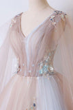 Romantic Tulle V neck Long Evening Dress,Lace Appliques Senior Prom Dresses OK990