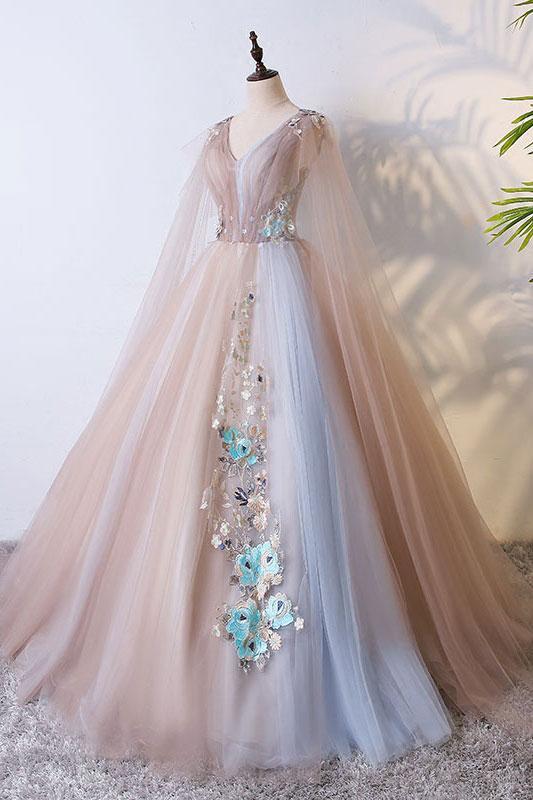 Romantic Tulle V neck Long Evening Dress,Lace Appliques Senior Prom Dresses OK990