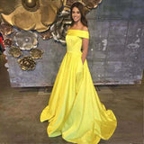 Yellow Off The Shoulder A Line Prom Dresses,Long Evening Gown With Pockets OKJ67