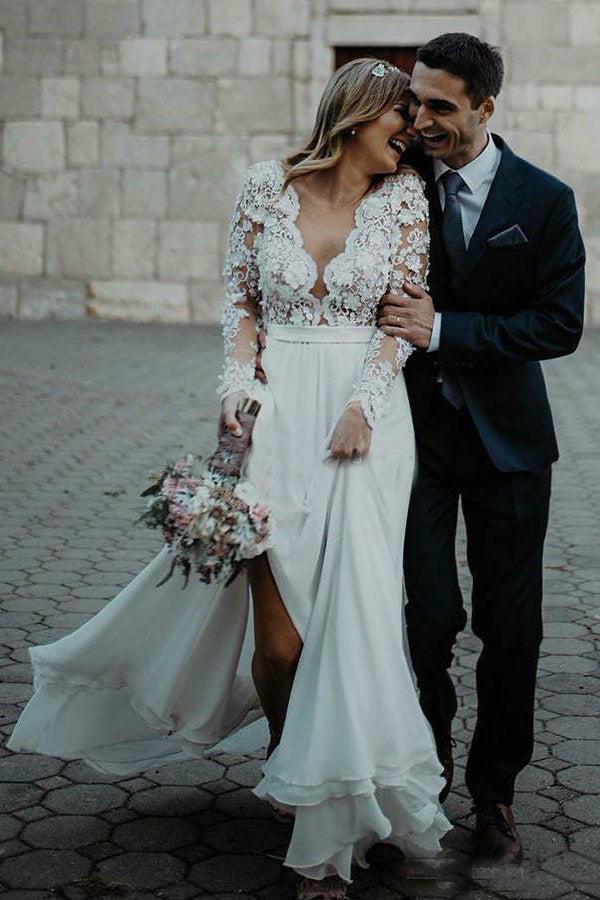 A-line Long Sleeves Lace Top Beach Wedding Dress Elegant Chiffon Bridal Gowns OKX89