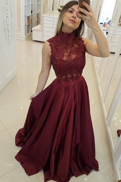 Cheap Maroon Lace Top Prom Dress Long Burgundy Evening Gown with High Neck OKI28