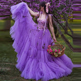 A Line Purple Long Tulle Layered Prom Dress With Flowers Formal Evening Dress OK1404