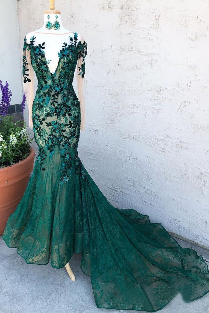 Mermaid Dark Green Prom Dress With Long Sleeves Illusion Neck Party Dress OKS6