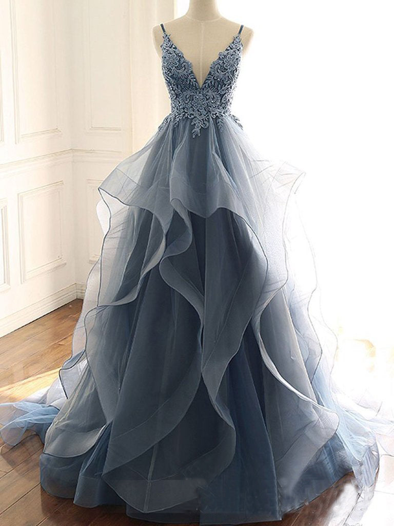 Deep V Neck Appliqued Spaghetti Straps Multi-Layered Organza Blue Bridal Dress OKS11