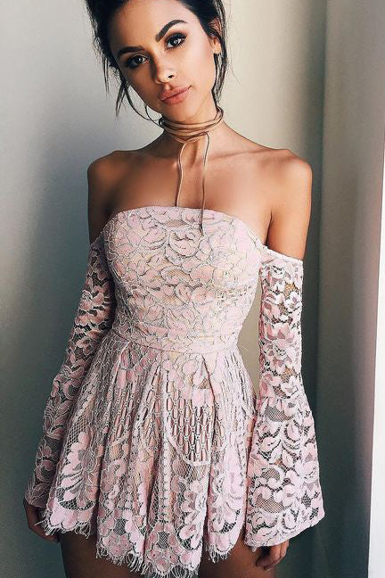 Long Sleeves Homecoming Dress,off the shoulder Homecoming Dresses, pink prom dress,short prom dresses,blush pink homecoming dresses,modest homecoming dress,short prom gowns 2017,short Homecoming Dress,Homecoming Dress