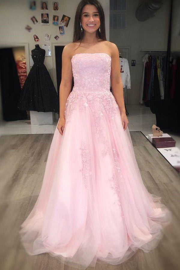 A-Line Strapless Pearl Pink Tulle Prom Dress with Lace Appliques Beading OKZ26