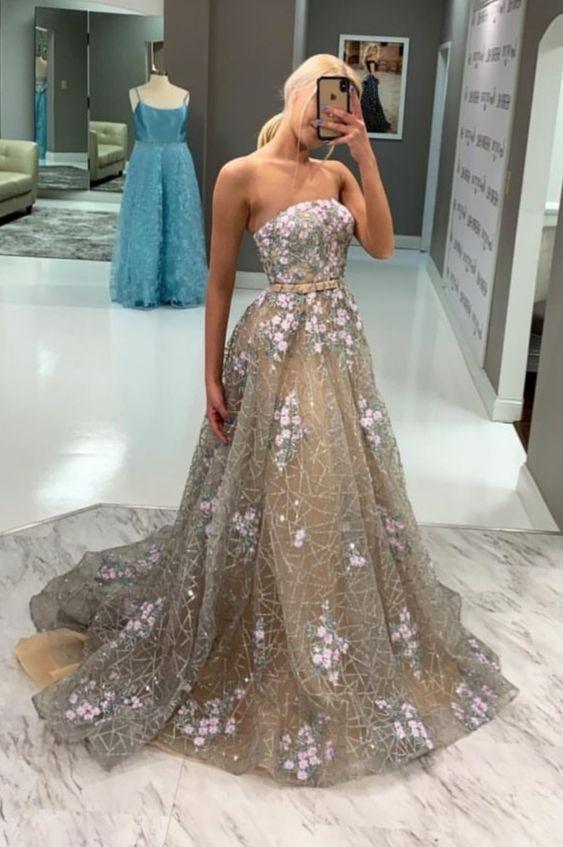 A-line Strapless Lace Long Prom Dress With Floral Appliques Evening Party Dress OKY98