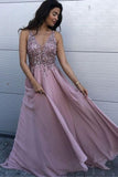 A Line V Neck Chiffon Sequins Long Prom Dress Formal Evening Dress OKZ27