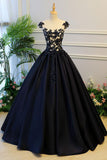Generous Prom Gown,A-Line Prom Dress,Round Neck Prom Gown,Cap Sleeves Evening Dresses,Black Prom Dresses,Long Evening Dress,Puffy Prom Dresses
