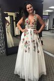 Charming V Neck Floral Embroidery Long Lace Prom Dresses with Pocket N1482