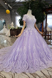 Lilac Ball Gown Short Sleeves Prom Dress with Lace, Quinceanera Dress OKL41