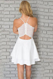 White Spaghetti Straps Short Mini V neck Homecoming Dress,Graduation Dresses OK435