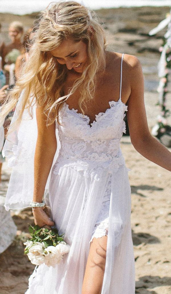 Spaghetti Straps White Lace Chiffon Backless Beach Wedding Dresses W21