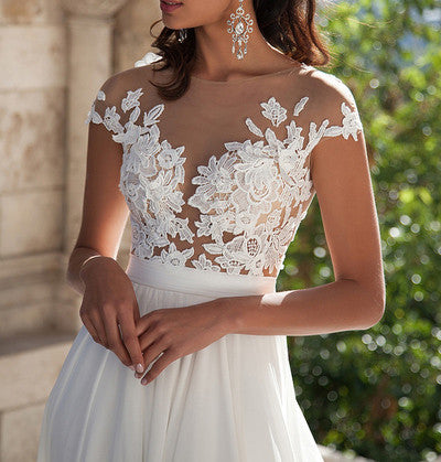 Ivory Lace Front Slit See Through Cap Sleeves Custom Made Beach Wedding Dress OK273