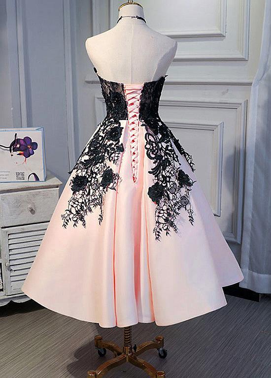 Cute Pearl Pink Sweetheart Tea Length Satin Homecoming Dress With Black Lace Applique OKZ55