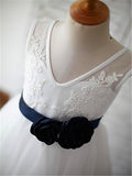 A-line V-neck Sleeveless Appliques Flower Floor-Length Tulle Flower Girl Dress OK720