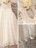 Ivory A-line Scoop Sleeveless Floor-Length Lace Flower Girl Dress OK718