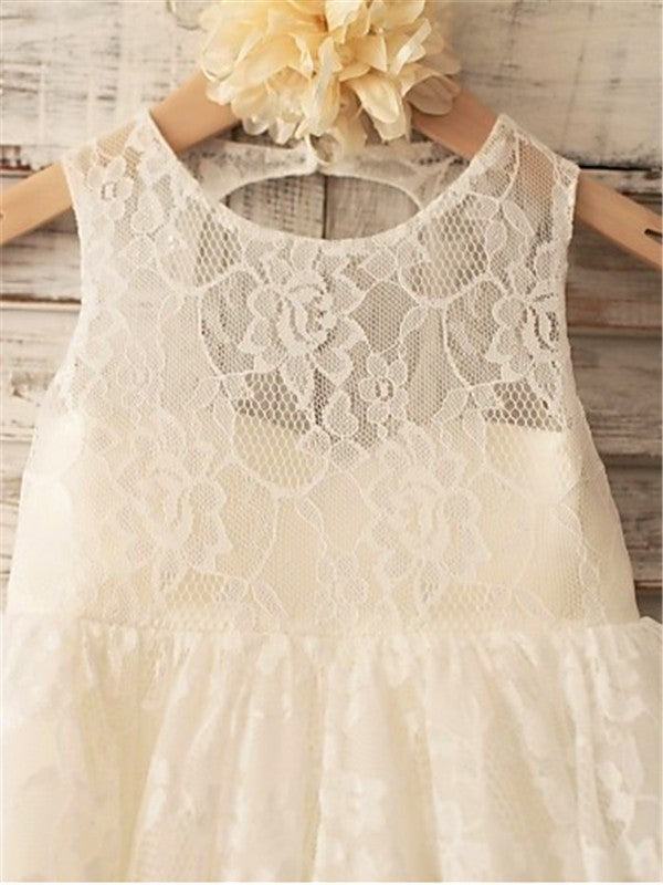 Ivory A-line Scoop Sleeveless Floor-Length Lace Flower Girl Dress OK718