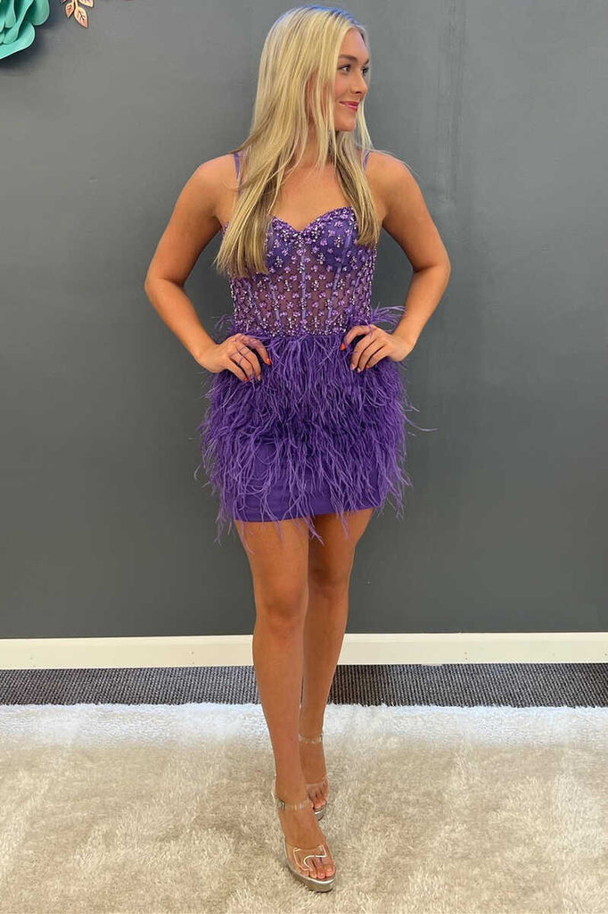 Stunning Purple Beaded Spaghetti Straps Feathered Mini Homecoming Dress OK1531