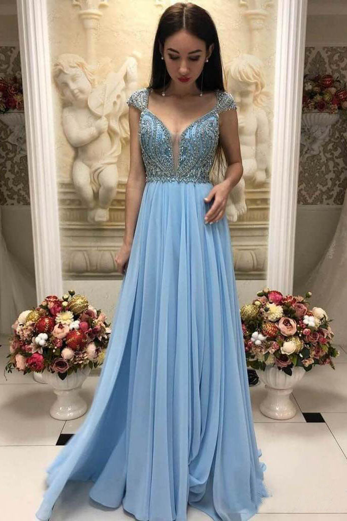 Elegant A-Line Beaded Sky Blue Prom Dress With Cap Sleeves OKO96