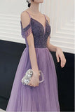 Chic Cold Shoulder Beading Lilac Tulle A Line Long Prom Party Dress OK1394