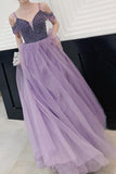 Chic Cold Shoulder Beading Lilac Tulle A Line Long Prom Party Dress OK1394