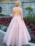 Elegant Pink Ball Gown Prom Dress With Lace Appliques OKO90