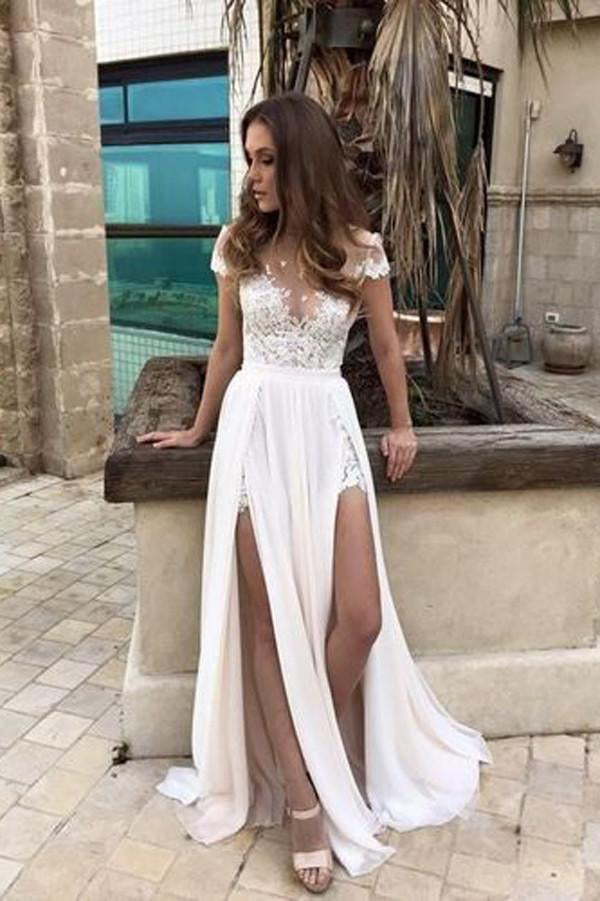 Elegant Chiffon Cap Sleeves Long Split Beach Wedding Dress OKC79
