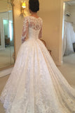 Long Sleeves Scoop Off White Lace A Line Elegant Wedding Dress OKG93