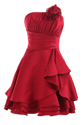 Strapless Red A Line Pleats Short Prom Dresses With Flowers, Homecoming Dress OKG87
