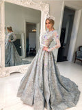 Long Sleeve Grey Lace A Line Long Evening Prom Dresses for Teens OKG90