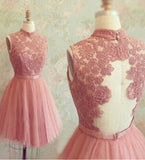Gorgeous A-line High neck Pink Lace Appliques Short Tulle New Homecoming Dress OK333