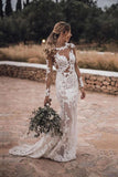 Mermaid Lace Appliques Long Sleeve Bridal Wedding Gown Illusion Bottom Wedding Dresses OKV29