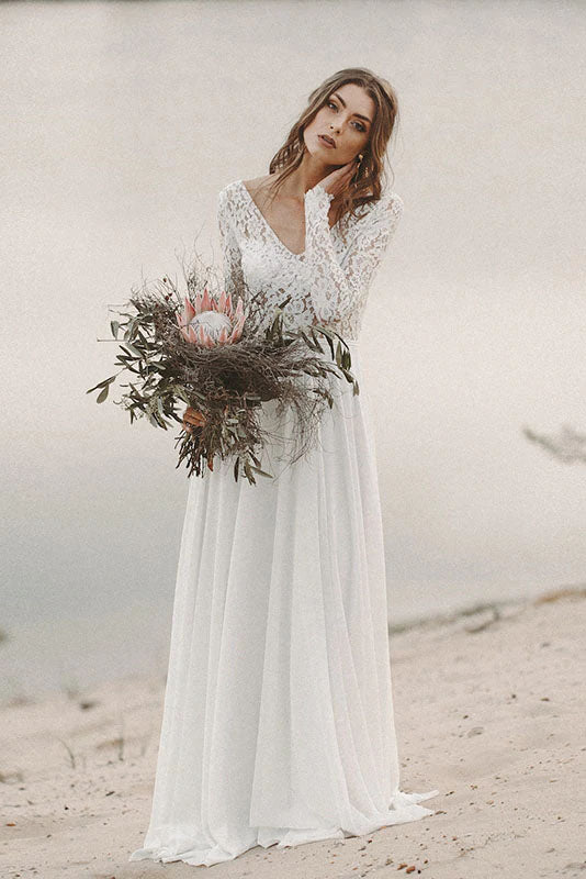 Long Sleeve Beach Wedding Dress Chiffon Lace Wedding Gowns V-Neck Open Back Bridal Dresses OKV23