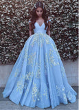 Wonderful Ball Gown Appliques Prom Dresses,Formal Blue Evening Dress,Quinceanera Dresses OK357